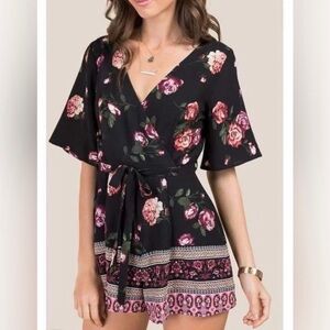 Trixxi Black Floral Wrap Romper with Pink Rose Print
